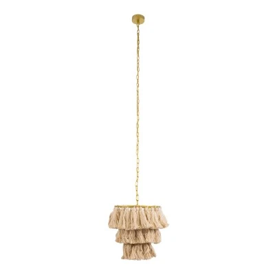 GloboStar® MISSOULA 02084 Boho Κρεμαστό Φωτιστικό Σχοινί Μονόφωτο 1 x E27 IP20 Μπεζ Ύφασμα με Χρυσό Μέταλλο - Μ30 x Π30 x Υ40cm