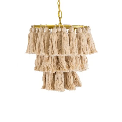 GloboStar® MISSOULA 02084 Boho Κρεμαστό Φωτιστικό Σχοινί Μονόφωτο 1 x E27 IP20 Μπεζ Ύφασμα με Χρυσό Μέταλλο - Μ30 x Π30 x Υ40cm