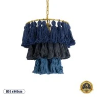 Boho Κρεμαστό Φωτιστικό MISSOULA Μονόφωτο 1 x E27 AC220-240V IP20 - Φ30 x Υ40cm - Μπλε Σκούρο με Μαύρο και Μπλε Λεπτό Νήμα Βαμβακερό και Χρυσό Μεταλλικό Πλέγμα