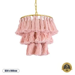 Boho Κρεμαστό Φωτιστικό MISSOULA Μονόφωτο 1 x E27 AC220-240V IP20 - Φ30 x Υ40cm - Ροζ Λεπτό Νήμα Βαμβακερό και Χρυσό Μεταλλικό Πλέγμα