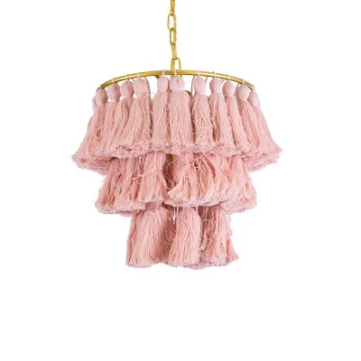 GloboStar® MISSOULA 02086 Boho Κρεμαστό Φωτιστικό Σχοινί Μονόφωτο 1 x E27 IP20 Ροζ Ύφασμα με Χρυσό Μέταλλο - Μ30 x Π30 x Υ40cm