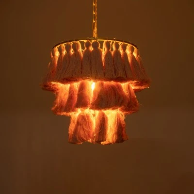 GloboStar® MISSOULA 02086 Boho Κρεμαστό Φωτιστικό Σχοινί Μονόφωτο 1 x E27 IP20 Ροζ Ύφασμα με Χρυσό Μέταλλο - Μ30 x Π30 x Υ40cm