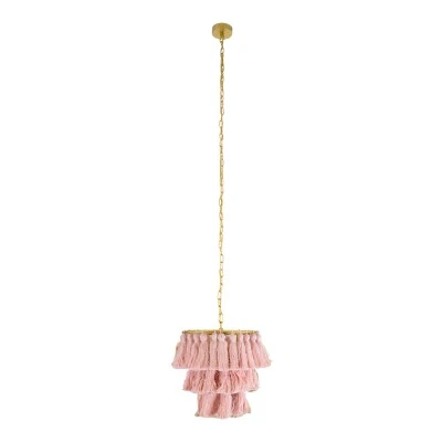 GloboStar® MISSOULA 02086 Boho Κρεμαστό Φωτιστικό Σχοινί Μονόφωτο 1 x E27 IP20 Ροζ Ύφασμα με Χρυσό Μέταλλο - Μ30 x Π30 x Υ40cm