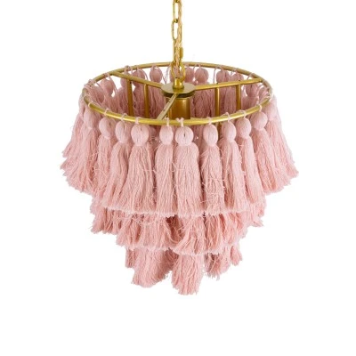 GloboStar® MISSOULA 02086 Boho Κρεμαστό Φωτιστικό Σχοινί Μονόφωτο 1 x E27 IP20 Ροζ Ύφασμα με Χρυσό Μέταλλο - Μ30 x Π30 x Υ40cm