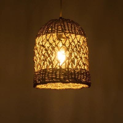GloboStar® ECUADOR 02121 Boho Κρεμαστό Φωτιστικό Πλέγμα Μονόφωτο 1 x E27 IP20 Μπεζ Rattan - Μ20 x Π20 x Υ25cm