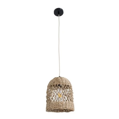 GloboStar® ECUADOR 02121 Boho Κρεμαστό Φωτιστικό Πλέγμα Μονόφωτο 1 x E27 IP20 Μπεζ Rattan - Μ20 x Π20 x Υ25cm