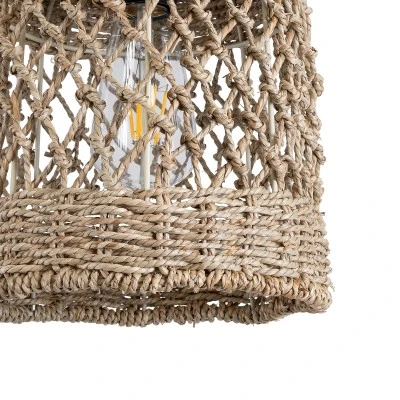 GloboStar® ECUADOR 02121 Boho Κρεμαστό Φωτιστικό Πλέγμα Μονόφωτο 1 x E27 IP20 Μπεζ Rattan - Μ20 x Π20 x Υ25cm