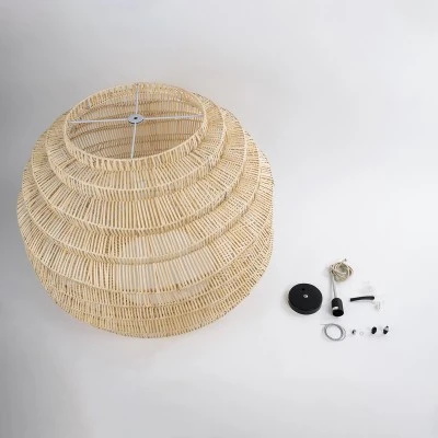 GloboStar® OREGON 02207 Boho Κρεμαστό Φωτιστικό Πλέγμα Μονόφωτο 1 x E27 IP20 Μπεζ Ξύλο - Μ80 x Π80 x Υ65cm
