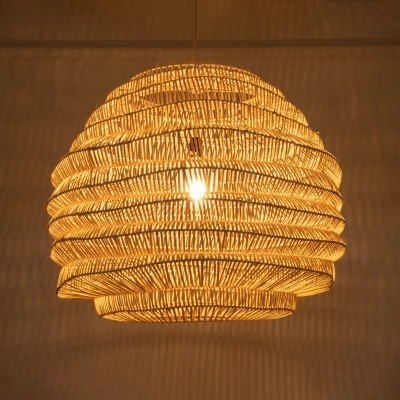 GloboStar® OREGON 02207 Boho Κρεμαστό Φωτιστικό Πλέγμα Μονόφωτο 1 x E27 IP20 Μπεζ Ξύλο - Μ80 x Π80 x Υ65cm