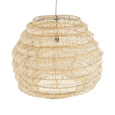 GloboStar® OREGON 02207 Boho Κρεμαστό Φωτιστικό Πλέγμα Μονόφωτο 1 x E27 IP20 Μπεζ Ξύλο - Μ80 x Π80 x Υ65cm