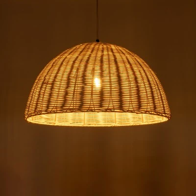 GloboStar® MONTANA 02378 Boho Κρεμαστό Φωτιστικό Καμπάνα Μονόφωτο 1 x E27 IP20 Μπεζ Ξύλο - Μ50 x Π50 x Υ25cm