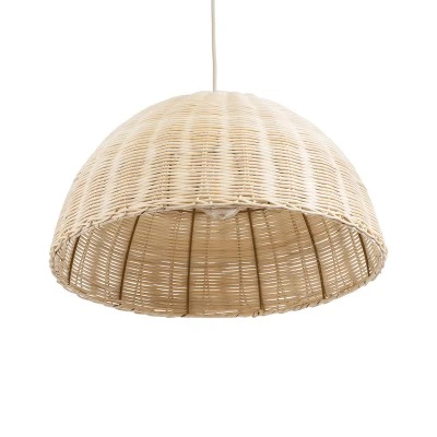 GloboStar® MONTANA 02378 Boho Κρεμαστό Φωτιστικό Καμπάνα Μονόφωτο 1 x E27 IP20 Μπεζ Ξύλο - Μ50 x Π50 x Υ25cm