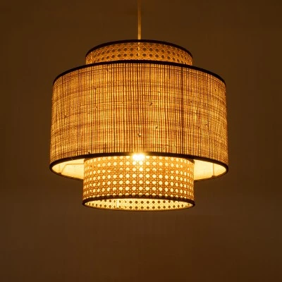 GloboStar® BRAVADO 02386 Boho Κρεμαστό Φωτιστικό Πλέγμα Μονόφωτο 1 x E27 IP20 Καφέ & Μπεζ Ξύλο - Μ40 x Π40 x Υ35cm