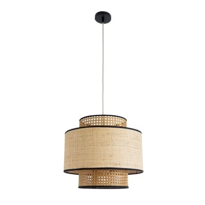 GloboStar® BRAVADO 02386 Boho Κρεμαστό Φωτιστικό Πλέγμα Μονόφωτο 1 x E27 IP20 Καφέ & Μπεζ Ξύλο - Μ40 x Π40 x Υ35cm