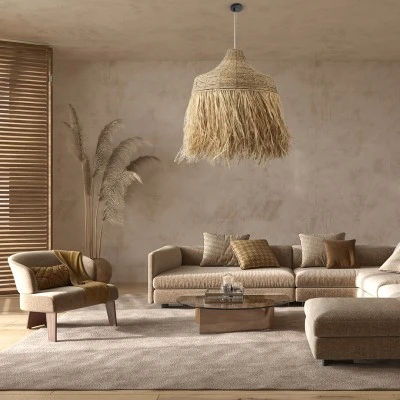GloboStar® PORTOFERRAIO 02186 Boho Κρεμαστό Φωτιστικό Πλέγμα Μονόφωτο 1 x E27 IP20 Μπεζ Ράφια - Μ80 x Π80 x Υ120cm