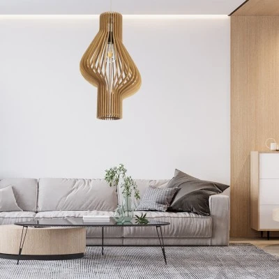 GloboStar® MIHIRO 02172 Boho Κρεμαστό Φωτιστικό Πλέγμα Μονόφωτο 1 x E27 IP20 Μπεζ Ξύλο - Μ32 x Π32 x Υ56cm