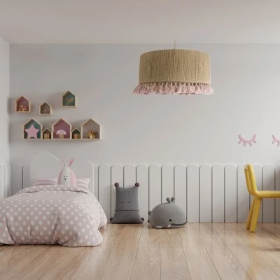 GloboStar® PUERTORICO 02096 Boho Κρεμαστό Φωτιστικό Οροφής Μονόφωτο 1 x E27 AC220-240V IP20 - Φ50 x Υ27cm - Μπεζ με Ροζ Λεπτό Νήμα Πλέγμα Βαμβακερό Καπέλο - 5 Χρόνια Εγγύηση