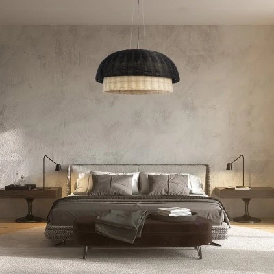 GloboStar® CORSICA 02216 Boho Κρεμαστό Φωτιστικό Καμπάνα Μονόφωτο 1 x E27 IP20 Μαύρο & Μπεζ Ξύλο - Μ70 x Π70 x Υ35cm