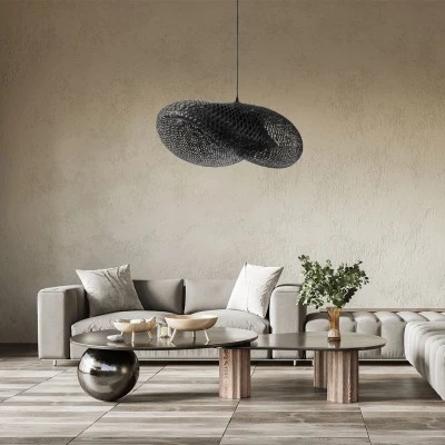 GloboStar® MEXICO 02202 Boho Κρεμαστό Φωτιστικό Πλέγμα Μονόφωτο 1 x E27 IP20 Μαύρο Ξύλο - Μ85 x Π50 x Υ30cm