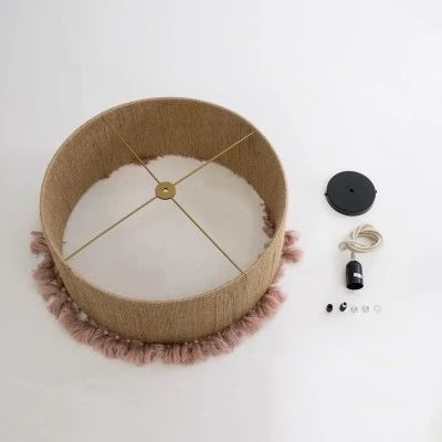 GloboStar® PUERTORICO 02096 Boho Κρεμαστό Φωτιστικό Οροφής Μονόφωτο 1 x E27 AC220-240V IP20 - Φ50 x Υ27cm - Μπεζ με Ροζ Λεπτό Νήμα Πλέγμα Βαμβακερό Καπέλο - 5 Χρόνια Εγγύηση