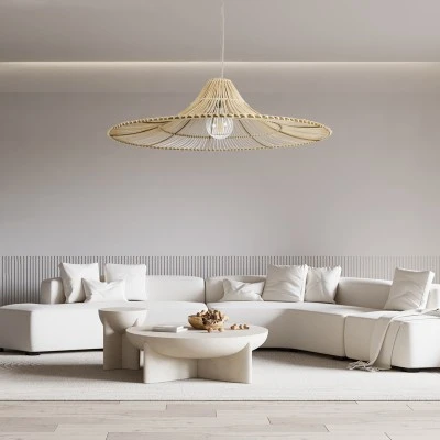 GloboStar® PALERMO 02209 Boho Κρεμαστό Φωτιστικό Πλέγμα Μονόφωτο 1 x E27 IP20 Μπεζ Ξύλο - Μ100 x Π100 x Υ30cm