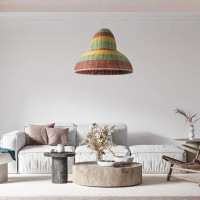 Boho Κρεμαστό Φωτιστικό CABALLEROS Μονόφωτο 1 x E27 AC220-240V IP20 - Φ70 x Υ60cm - Πράσινο με Κίτρινο και Μπεζ με Κόκκινο Ξύλινο Μπαμπού Πλέγμα Καμπάνα GloboStar® CABALLEROS 02058 Boho Κρεμαστό Φωτιστικό Καμπάνα Μονόφωτο 1 x E27 IP20 Πολύχρωμο Ξύλο - Μ70 x Π70 x Υ60cm