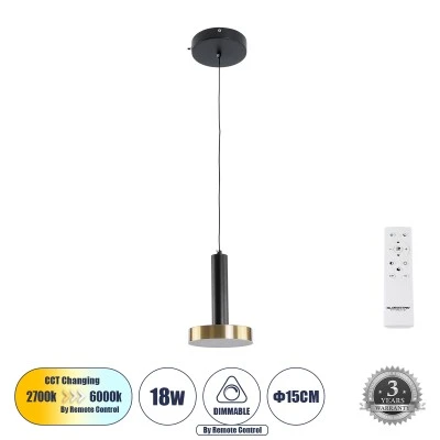 Κρεμαστό Φωτιστικό ZANE LED 18W 2016lm CCT Dimmable – Μαύρο & Χρυσό, Τηλεχειριστήριο, 2700K-4500K-6000K