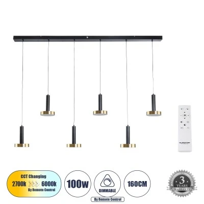 Κρεμαστό Φωτιστικό ZANE LED 100W 11200lm CCT Dimmable – Μαύρο & Χρυσό, Τηλεχειριστήριο, 2700K-4500K-6000K