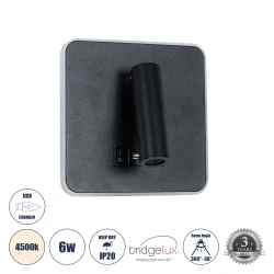 Μοντέρνο επιτοίχιο φωτιστικό LED kelvo® LADY-S 6W 600lm φυσικό λευκό 4500K με φορτιστή USB 3A δίφωτο μαύρο ματ 15x15x7cm 60942