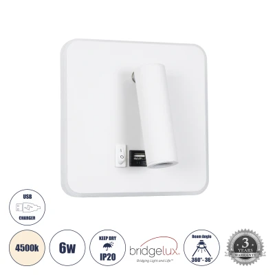 GloboStar® LADY-S 60943 Μοντέρνο Φωτιστικό Τοίχου - Απλίκα Ξενοδοχείου Bed Side LED 6W 600lm 36° & 360° AC 220-240V - Reading Light & Κρυφός Φωτισμός - Φορτιστής USB 3A - Μ15 x Π15 x Υ7cm - Φυσικό Λευκό 4500K - Λευκό - 3 Χρόνια Εγγύηση