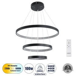 Κρεμαστό Φωτιστικό Δαχτυλίδι-Κύκλος LED DIAMOND TRIO CCT 100W 11200lm 360° AC 220-240V - Εναλλαγή Φωτισμού μέσω Τηλεχειριστηρίου All In One- Μαυρο
