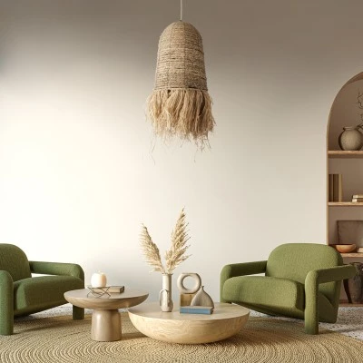 GloboStar® PORTOFERRAIO 02170 Boho Κρεμαστό Φωτιστικό Πλέγμα Μονόφωτο 1 x E27 IP20 Μπεζ Ράφια - Μ30 x Π30 x Υ70cm