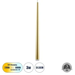 Κρεμαστό Φωτιστικό TEARS Design LED CCT 3W 330lm 180° AC 220-240V - Εναλλαγή Φωτισμού μέσω Διακόπτη On/Off All In One Φ3.2 x Υ51.5cm - Χρυσό Βούρτσας 