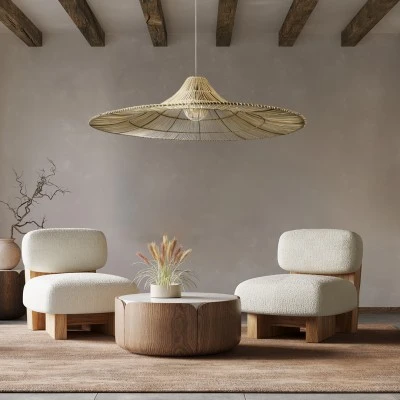 GloboStar® PALERMO 02311 Boho Κρεμαστό Φωτιστικό Πλέγμα Μονόφωτο 1 x E27 IP20 Μπεζ Ξύλο - Μ160 x Π160 x Υ45cm