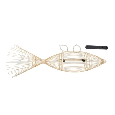 GloboStar® FISH 01927 Μοντέρνο Κρεμαστό Φωτιστικό Οροφής  2 x E27 AC 220-240V IP20 - Μ130 x Π42 x Υ42cm - Μπεζ Ξύλινο Πλέγμα
