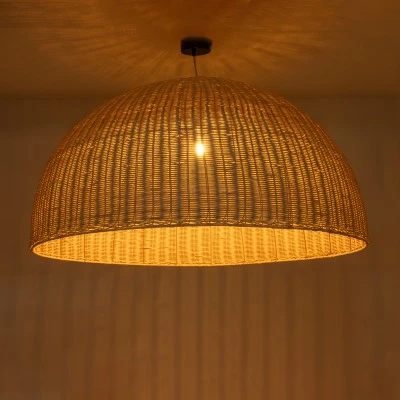 GloboStar® MONTANA 02380 Boho Κρεμαστό Φωτιστικό Καμπάνα Μονόφωτο 1 x E27 IP20 Μπεζ Ξύλο - Μ120 x Π120 x Υ60cm