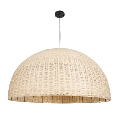 GloboStar® MONTANA 02380 Boho Κρεμαστό Φωτιστικό Καμπάνα Μονόφωτο 1 x E27 IP20 Μπεζ Ξύλο - Μ120 x Π120 x Υ60cm