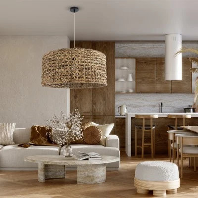GloboStar® MANGATA 01849 Boho Κρεμαστό Φωτιστικό Οροφής Μονόφωτο 1 x E27 AC220-240V IP20 - Φ60 x Υ28cm - Καφέ Water Hyacinth - Υδρουάκινθος Πλέγμα Καμπάνα