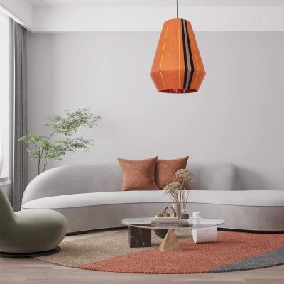 GloboStar® SALERNO 02337 Boho Κρεμαστό Φωτιστικό Οροφής Μονόφωτο 1 x E27 AC220-240V IP20 - Φ50 x Υ60cm - Πορτοκαλί με Μαύρο και Καφέ με Κίτρινες Λεπτομέριες Λεπτό Νήμα Βαμβακερό Πλέγμα