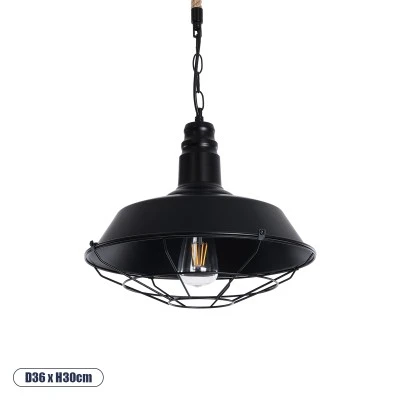 GloboStar® CRANE 01109 Vintage Industrial Κρεμαστό Φωτιστικό Οροφής Μονόφωτο 1 x E27 Μαύρο Μεταλλικό Καμπάνα Πλέγμα με Μπεζ Σχοινί Φ36 x Y25cm