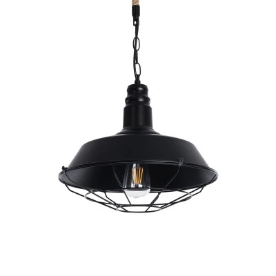 GloboStar® CRANE 01109 Vintage Industrial Κρεμαστό Φωτιστικό Οροφής Μονόφωτο 1 x E27 Μαύρο Μεταλλικό Καμπάνα Πλέγμα με Μπεζ Σχοινί Φ36 x Y25cm