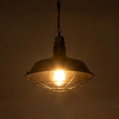 GloboStar® CRANE 01109 Vintage Industrial Κρεμαστό Φωτιστικό Οροφής Μονόφωτο 1 x E27 Μαύρο Μεταλλικό Καμπάνα Πλέγμα με Μπεζ Σχοινί Φ36 x Y25cm