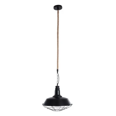 GloboStar® CRANE 01109 Vintage Industrial Κρεμαστό Φωτιστικό Οροφής Μονόφωτο 1 x E27 Μαύρο Μεταλλικό Καμπάνα Πλέγμα με Μπεζ Σχοινί Φ36 x Y25cm