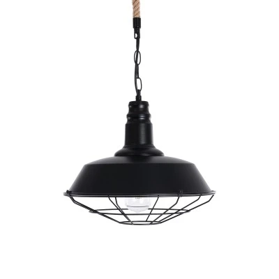 GloboStar® CRANE 01109 Vintage Industrial Κρεμαστό Φωτιστικό Οροφής Μονόφωτο 1 x E27 Μαύρο Μεταλλικό Καμπάνα Πλέγμα με Μπεζ Σχοινί Φ36 x Y25cm