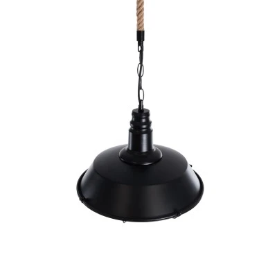 GloboStar® CRANE 01109 Vintage Industrial Κρεμαστό Φωτιστικό Οροφής Μονόφωτο 1 x E27 Μαύρο Μεταλλικό Καμπάνα Πλέγμα με Μπεζ Σχοινί Φ36 x Y25cm