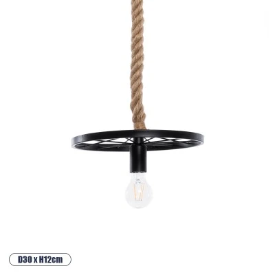 GloboStar® VELO 01185 Vintage Industrial Κρεμαστό Φωτιστικό Οροφής Μονόφωτο 1 x E27 Μαύρο Μεταλλικό Πλέγμα με Μπεζ Σχοινί Φ30 x Y16cm