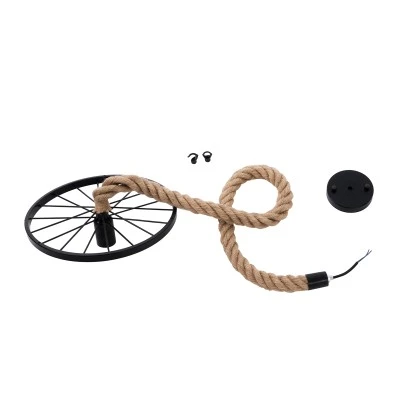 GloboStar® VELO 01185 Vintage Industrial Κρεμαστό Φωτιστικό Οροφής Μονόφωτο 1 x E27 Μαύρο Μεταλλικό Πλέγμα με Μπεζ Σχοινί Φ30 x Y16cm