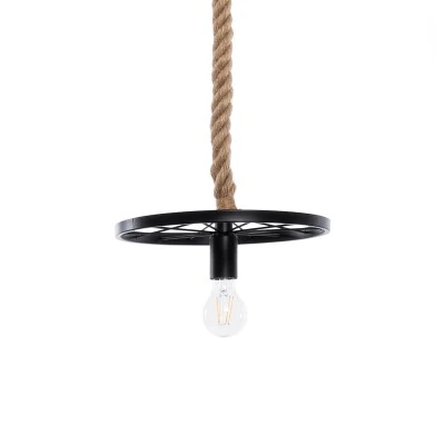 GloboStar® VELO 01185 Vintage Industrial Κρεμαστό Φωτιστικό Οροφής Μονόφωτο 1 x E27 Μαύρο Μεταλλικό Πλέγμα με Μπεζ Σχοινί Φ30 x Y16cm