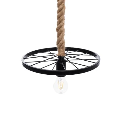 GloboStar® VELO 01185 Vintage Industrial Κρεμαστό Φωτιστικό Οροφής Μονόφωτο 1 x E27 Μαύρο Μεταλλικό Πλέγμα με Μπεζ Σχοινί Φ30 x Y16cm