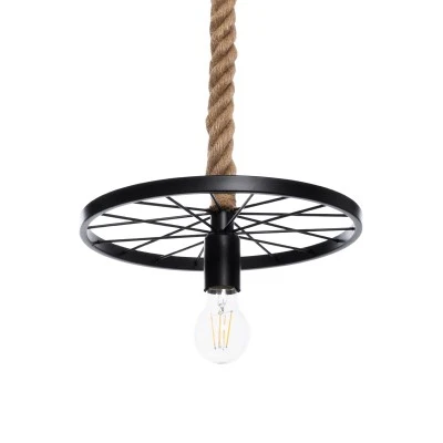 GloboStar® VELO 01185 Vintage Industrial Κρεμαστό Φωτιστικό Οροφής Μονόφωτο 1 x E27 Μαύρο Μεταλλικό Πλέγμα με Μπεζ Σχοινί Φ30 x Y16cm